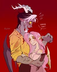 Rule 34 | 1boy, 1girl, absurdres, arm hair, asymmetrical horns, bat wings, beard, blood, blood on clothes, blood on face, blush, closed eyes, colored sclera, colored skin, discord (my little pony), ear blush, eyeshadow, facial hair, fangs, fluttershy, flying sweatdrops, hetero, highres, holding, long hair, makeup, mismatched horns, multicolored hair, my little pony, my little pony: friendship is magic, off shoulder, open mouth, pelma, pink hair, pointy ears, red background, shirt, sleeves rolled up, smile, stake, streaked hair, vampire, very long hair, wings, yellow sclera, yellow shirt, yellow skin