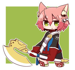 Rule 34 | 1girl, 7th dragon, 7th dragon (series), :o, animal ear fluff, animal ears, axe, belt, belt buckle, bike shorts, black shorts, blue jacket, blush, buckle, cat ears, cowboy shot, cropped legs, fighter (7th dragon), gloves, green eyes, hair between eyes, hair bobbles, hair ornament, harukara (7th dragon), highres, holding, holding axe, jacket, long sleeves, looking at viewer, naga u, one side up, outline, parted lips, pink hair, red gloves, short shorts, shorts, solo, striped clothes, striped thighhighs, thighhighs, two-handed, white belt, white outline