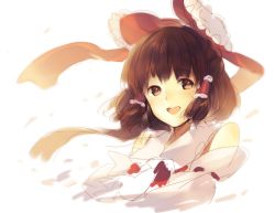 Rule 34 | 1girl, bare shoulders, blush, bow, brown eyes, brown hair, female focus, hair bow, hakurei reimu, long hair, looking at viewer, open mouth, simple background, smile, solo, touhou, upper body, weee (raemz), white background