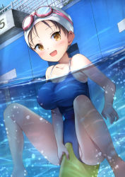 Rule 34 | 1girl, barefoot, blue one-piece swimsuit, breasts, brown eyes, brown hair, cleavage, collarbone, crotch rub, goggles, goggles on head, highres, kickboard, large breasts, looking at viewer, natsushima memo, new school swimsuit, one-piece swimsuit, open mouth, original, partially submerged, partially underwater shot, pool, school swimsuit, smile, solo, spread legs, swim cap, swimming, swimsuit, taut clothes, taut swimsuit, underwater
