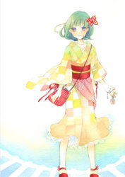 Rule 34 | 1girl, bow, green hair, hair bow, japanese clothes, kimono, lace, original, painting (medium), solo, traditional media, uko (artist), watercolor (medium), yellow kimono, yufushi, yukata