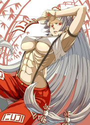 Rule 34 | 1girl, abs, arched back, arm up, armpits, blunt bangs, bow, breasts, collared shirt, covered erect nipples, crop top, cropped shirt, d:, fujiwara no mokou, grey hair, hair bow, hair ribbon, highres, hip focus, holding, long hair, looking at viewer, midriff, muscular, muscular female, nail polish, navel, no bra, ofuda, ofuda on clothes, open mouth, pants, red eyes, red nails, red pants, ribbon, ribs, shirt, sleeveless, sleeveless shirt, solo, stomach, suspenders, touhou, underboob, upper body, very long hair, white shirt, wing collar, yostel