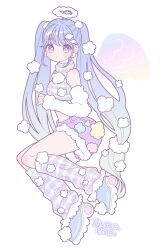 Rule 34 | 1girl, angel, angel wings, blue hair, cloud, cloud hair ornament, cloud halo, emma (kumaema), feathered wings, full body, halo, highres, light blue hair, long hair, looking at viewer, multicolored eyes, original, purple eyes, purple shorts, shorts, solo, twintails, white background, wings, yellow eyes