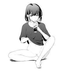 Rule 34 | 1girl, absurdres, barefoot, black hair, bottomless, can, chain, cleft of venus, clothes lift, cross, cross earrings, drinking, drinking straw, drinking straw in mouth, ear piercing, earrings, feet, female admiral (kancolle), female pubic hair, full body, greyscale, hand under clothes, hand under shirt, hand up, highres, holding, holding can, jewelry, kantai collection, legs, lifted by self, looking at viewer, monochrome, mouth hold, naked shirt, navel, original, piercing, pubic hair, pussy, shirt, shirt lift, short hair, short sleeves, simple background, sitting, sparse pubic hair, strong zero, t-shirt, takaman (gaffe), toes