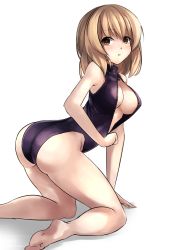 Rule 34 | 1girl, ass, barefoot, blonde hair, breasts, brown eyes, cleavage, cleavage cutout, clothing cutout, female focus, front zipper swimsuit, highleg, highleg swimsuit, janne cherry, kneeling, large breasts, looking at viewer, looking back, maribel hearn, meme attire, one-piece swimsuit, solo, swimsuit, touhou, unzipping, zipper