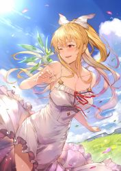 Rule 34 | 1girl, blonde hair, blue sky, blush, bow, breasts, cleavage, cloud, commentary, day, dress, falling petals, frills, granblue fantasy, grass, hair bow, highres, kakage, large breasts, long skirt, looking at another, looking at viewer, luminiera (granblue fantasy), one eye closed, open mouth, petals, ponytail, red eyes, red ribbon, ribbon, sidelocks, skirt, sky, spaghetti strap, sun, vira (granblue fantasy), white bow, white dress, wind