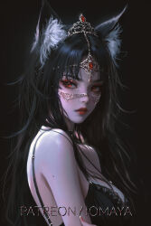 1girl animal_ear_fluff animal_ears bare_shoulders black_background black_bra black_hair bra breasts commentary fox_ears fox_girl from_side highres large_breasts long_hair looking_at_viewer nixeu original parted_lips patreon_username red_eyes solo tiara underwear upper_body