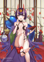 Rule 34 | 1girl, :d, ankle ribbon, artist name, barefoot, blush, breasts, cup, dasoey, dated, fate (series), feet, hair ornament, horns, indoors, leg ribbon, looking at viewer, oni, open mouth, pouring, purple eyes, purple hair, ribbon, sakazuki, short hair, shuten douji (fate), shuten douji (first ascension) (fate), sitting, skin-covered horns, small breasts, smile, soles, solo, toes