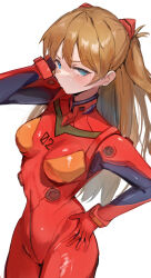 Rule 34 | 1girl, absurdres, artist request, blue eyes, blush, bodysuit, breasts, brown hair, curvy, hand in own hair, highres, interface headset, long hair, looking at viewer, medium breasts, neon genesis evangelion, plugsuit, red bodysuit, skin tight, souryuu asuka langley, tsundere, twintails, two side up, very long hair, white background