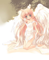 Rule 34 | 1girl, angel, arm up, bare shoulders, barefoot, blonde hair, breasts, dress, feet, female focus, full body, green eyes, kneeling, long hair, looking at viewer, pointy ears, revealing clothes, solo, white dress, wings