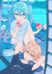 Rule 34 | 1boy, 1girl, aqua eyes, aqua hair, architecture, arms behind head, black shirt, blonde hair, blue eyes, collarbone, commentary, cucumber, cup, drink, drinking glass, east asian architecture, eating, eggplant, floral print, food, fruit, grass, hair between eyes, hand fan, hatsune miku, highres, holding, holding food, indoors, kagamine len, kiya machi, leaf print, long hair, looking at viewer, lying, night, on floor, open door, open mouth, paper fan, shirt, short sleeves, shouji, sitting, sliding doors, stone, summer, sweat, tatami, teeth, twintails, uchiwa, very long hair, vocaloid, watermelon, white shirt, wooden floor