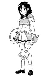 1girl alternate_costume armor breastplate breasts buttons collared_shirt commentary_request expressionless full_body gloves greyscale holding holding_mace holding_shield holding_weapon ichikawa_masahiro loafers long_hair low_twintails mace monochrome pleated_skirt school_uniform shield shirt shoes short_sleeves shoulder_armor simple_background skirt small_breasts socks solo spiked_mace spikes standing tamura_yuri twintails watashi_ga_motenai_no_wa_dou_kangaetemo_omaera_ga_warui! weapon white_background