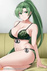 Rule 34 | 1girl, aslindsamure, ass, bare shoulders, bra, breasts, cleavage, closed mouth, collarbone, couch, fire emblem, fire emblem: the blazing blade, green bra, green eyes, green hair, green panties, highres, large breasts, long hair, looking at viewer, lyn (fire emblem), navel, nintendo, panties, ponytail, side-tie panties, sitting, smile, solo, thighs, underwear