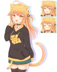 Rule 34 | 1girl, :d, ^ ^, animal ears, antenna hair, black choker, black hoodie, black thighhighs, blonde hair, blush, cat ears, cat girl, cat tail, choker, closed eyes, closed mouth, collarbone, commentary request, drop shadow, ear piercing, expressions, fang, green skirt, hair between eyes, hair intakes, half-closed eyes, hand up, highres, hood, hood down, hoodie, long hair, long sleeves, looking at viewer, open mouth, orange eyes, original, paw hair ornament, piercing, pinching sleeves, pleated skirt, puffy long sleeves, puffy sleeves, sakurato ototo shizuku, skirt, sleeves past wrists, smile, smirk, tail, thighhighs, v, white background