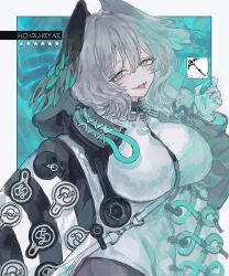 Rule 34 | 1girl, abstract background, absurdres, aqua background, arknights, black coat, border, breasts, character name, coat, commentary, cowboy shot, dress, fangs, grey hair, grey pantyhose, hand up, head wings, highres, ho&#039;olheyak (arknights), huge breasts, looking at viewer, multicolored coat, open mouth, pantyhose, rocb, solo, star (symbol), tongue, two-tone coat, white background, white coat, white dress, wings