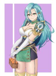 Rule 34 | 1girl, absurdres, aqua hair, armor, basket, belt, black dress, bow, breasts, chloe (fire emblem), cleavage, commentary, cowboy shot, dress, elbow gloves, fire emblem, fire emblem engage, food, fruit, garter straps, gloves, green eyes, hair between eyes, hair bow, highres, holding, holding basket, large breasts, long hair, looking at viewer, nintendo, orange (fruit), orange bow, pencil dress, shoulder armor, solo, standing, succducc888, thighhighs, thighs, very long hair, white gloves