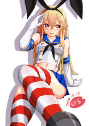Rule 34 | 1girl, arm support, armpit crease, black panties, blonde hair, blue skirt, breasts, brown eyes, collarbone, commentary request, dated, elbow gloves, gloves, kantai collection, knee up, leaning back, looking away, midriff, moke ro, navel, open mouth, panties, red thighhighs, shadow, shimakaze (kancolle), sitting, skirt, small breasts, smile, solo, striped clothes, striped thighhighs, teeth, thighhighs, underwear, upper teeth only, white gloves, white thighhighs