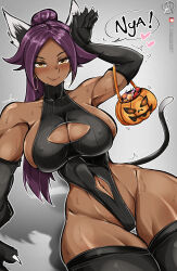 Rule 34 | 1girl, absurdres, almualim, animal ears, black gloves, black thighhighs, bleach, breasts, candy, cat ears, cat tail, cleavage, cleavage cutout, clothing cutout, costume, covered erect nipples, curvy, dark-skinned female, dark skin, earrings, elbow gloves, female focus, food, gloves, halloween, halloween bucket, halloween costume, heart, highleg, highres, hoop earrings, jack-o&#039;-lantern, jewelry, large breasts, leotard, looking at viewer, navel, navel cutout, patreon logo, patreon username, purple hair, shihouin yoruichi, shiny skin, signature, smile, solo, speech bubble, sweater, tail, thick thighs, thighhighs, thighs, thong leotard, turtleneck, turtleneck sweater, watermark, web address, wide hips, yellow eyes
