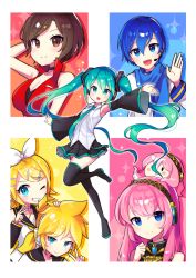 Rule 34 | 2boys, 4girls, :d, ;), absurdres, aqua eyes, aqua hair, blonde hair, blue eyes, blue hair, boots, border, breasts, brother and sister, brown eyes, brown hair, hatsune miku, highres, kagamine len, kagamine rin, kaito (vocaloid), large breasts, long hair, looking at viewer, megurine luka, meiko (vocaloid), miniskirt, multiple boys, multiple girls, necktie, offbeat, one eye closed, open mouth, outstretched arms, pink hair, short hair, siblings, skirt, small breasts, smile, takoluka, thigh boots, thighhighs, twintails, very long hair, vocaloid, waving, white border