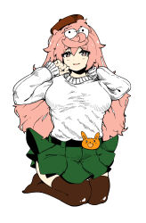 Rule 34 | 1girl, absurdres, ai-generated art (topic), animification, archives.gokulism, beret, borrowed character, brown hat, brown thighhighs, family guy, green skirt, hair between eyes, hat, highres, long hair, long sleeves, looking at viewer, meme, original, peter griffin, pink hair, pleated skirt, skirt, smile, sweater, thighhighs, very long hair