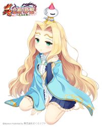 Rule 34 | 1girl, blonde hair, blue dress, commentary request, copyright name, dress, green eyes, hair intakes, highres, holding, holding hair, koihime musou, long hair, object on head, official art, simple background, sitting, solo, teiiku, very long hair, watermark, wavy hair, white background
