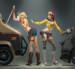 Rule 34 | 2girls, absurdres, backwards hat, black bra, black hair, blonde hair, boots, bra, breasts, brown footwear, capcom, car, cidney aurum, cigarette, cleavage, cosplay, costume switch, cowboy boots, crop top, cropped jacket, crossover, denim, denim shorts, devil may cry (series), devil may cry 5, final fantasy, final fantasy xv, freckles, glasses, gloves, goggles, goggles around neck, grey background, hammer, hat, high heel boots, high heels, highres, jacket, knee boots, lace, lace-trimmed bra, lace bra, lace trim, large breasts, leaning forward, motor vehicle, mouth hold, multiple girls, nico (devil may cry), screwdriver, short shorts, shorts, sleeveless, smile, smoke, smoking, square enix, tattoo, thighhighs, thighhighs under boots, thong, tiptoes, tool belt, tools, trait connection, underwear, white footwear, zededge
