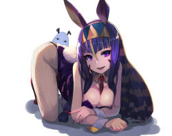 Rule 34 | 1girl, all fours, animal ears, ass, backlighting, bare shoulders, blunt bangs, bow, bowtie, breasts, cleavage, dark-skinned female, dark skin, detached collar, earrings, facepaint, facial mark, fate/grand order, fate (series), fishnet pantyhose, fishnets, hairband, hip focus, hoop earrings, jackal ears, jewelry, leotard, long hair, looking at viewer, medium breasts, medjed (fate), multicolored hair, necktie, nitocris (fate), nitocris (third ascension) (fate), open mouth, pantyhose, playboy bunny, purple eyes, purple hair, rabbit girl, rabbit tail, sidelocks, simple background, smile, solo, strapless, strapless leotard, sunga2usagi, tail, unmoving pattern, very long hair, white background, wrist cuffs
