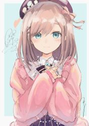 Rule 34 | 1girl, :3, absurdres, asymmetrical bangs, blue eyes, blush, border, bow, brooch, brown hair, cardigan, hair bow, hair ornament, hands on own chest, hat, hat pin, heart, highres, jewelry, blue background, long sleeves, medium hair, nijisanji, ogura tubuan, outside border, own hands together, pink cardigan, signature, sketch, sleeves past wrists, smile, solo, suzuhara lulu, upper body, virtual youtuber, x hair ornament
