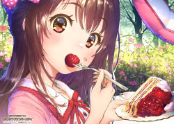 Rule 34 | 10s, 1girl, animal ears, blush, bow, brown eyes, brown hair, bug, bush, butterfly, buttons, cake, close-up, collarbone, commentary request, cream, cup, day, eating, ek masato, eyelashes, fence, fingernails, flower, food, food on face, fork, from side, fruit, hair bow, half updo, holding, holding plate, idolmaster, idolmaster cinderella girls, insect, long fingernails, long hair, looking at viewer, looking to the side, outdoors, plant, plate, polka dot, polka dot bow, rabbit ears, red ribbon, ribbon, shimamura uzuki, solo, strawberry, strawberry shortcake, table, tareme, teacup, tree, upper body
