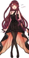 Rule 34 | 1girl, absurdres, arm behind back, artist name, black pantyhose, blush, choker, crossed legs, dress, emy, formal, full body, girls&#039; frontline, high-low skirt, highres, long hair, looking at viewer, official alternate costume, open mouth, pantyhose, purple hair, red eyes, simple background, solo, standing, very long hair, wa2000 (ballroom interlude) (girls&#039; frontline), wa2000 (girls&#039; frontline)