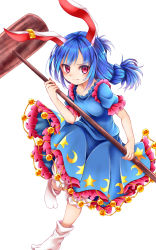 Rule 34 | 1girl, animal ears, blue dress, blue hair, rabbit ears, chikuwa savy, crescent, dress, earclip, highres, holding, kine, looking at viewer, mallet, puffy short sleeves, puffy sleeves, red eyes, seiran (touhou), short sleeves, solo, star (symbol), touhou