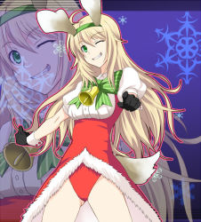Rule 34 | 1girl, ahoge, bell, blonde hair, bow, breasts, gloves, green eyes, grin, hairband, hoshii miki, ichimedoo, idolmaster, idolmaster (classic), leotard, long hair, looking at viewer, medium breasts, one eye closed, playboy bunny, smile, snowflakes, solo, tail, wink, wrist cuffs, zoom layer