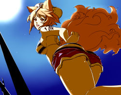 Rule 34 | 1girl, :p, alternate costume, animal ears, ass, baseball cap, bikini, blonde hair, breasts, dearmybrothers, female focus, fox ears, fox tail, from above, from below, hat, looking at viewer, looking back, multiple tails, no headwear, short hair, sideboob, simple background, sky, solo, striped bikini, striped clothes, sun, sweat, swimsuit, tail, tattoo, tongue, tongue out, touhou, underboob, yakumo ran, yellow eyes