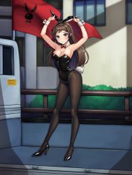 Rule 34 | 1girl, animal ears, black footwear, black leotard, black pantyhose, bow, bowtie, breasts, brown eyes, brown hair, building, cleavage, commentary request, detached collar, fake animal ears, flag, full body, highres, idolmaster, idolmaster million live!, kitazawa shiho, leotard, long hair, looking at viewer, medium breasts, motor vehicle, pantyhose, parted bangs, pickup truck, platform truck, playboy bunny, rabbit ears, rabbit tail, ransol, red bow, red bowtie, solo, standing, strapless, strapless leotard, tail, truck, wrist cuffs