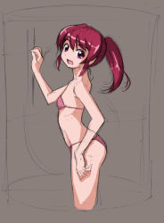 Rule 34 | 10s, 1girl, aino megumi, bikini, brown background, happinesscharge precure!, looking at viewer, open mouth, pink bikini, ponytail, precure, red eyes, red hair, rohitsuka, short hair, sketch, solo, swimsuit