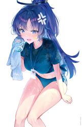 Rule 34 | 1girl, absurdres, anger vein, blue archive, blue buruma, blue eyes, blue shirt, blush, bottle, bottle to cheek, breasts, buruma, commentary, gym shirt, gym uniform, halo, highres, holding, holding bottle, holding towel, id card, lanyard, large breasts, long hair, looking at viewer, navel, official alternate costume, open mouth, parted bangs, ponytail, purple hair, shirt, short sleeves, simple background, solo, star sticker, sticker on face, sweat, thighs, tied shirt, towel, tsubameno, twitter username, water bottle, wet, white background, yuuka (blue archive), yuuka (track) (blue archive)