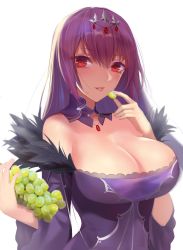 Rule 34 | 1girl, bare shoulders, breasts, cleavage, d. (ddot2018), dress, eating, fate/grand order, fate (series), food, fruit, fur trim, grapes, hair between eyes, headpiece, highres, jewelry, large breasts, long hair, looking at viewer, purple dress, purple hair, red eyes, scathach (fate), scathach skadi (fate), solo, tiara, white background, wide sleeves