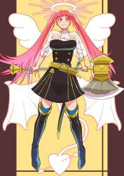Rule 34 | 1girl, aduti momoyama, angel wings, arms behind back, arrow through heart, ascot, axe, battle axe, belt, belt buckle, black footwear, blue thighhighs, blush stickers, boots, buckle, closed mouth, demon tail, demon wings, female focus, fire emblem, fire emblem: three houses, full body, garreg mach monastery uniform, halo, hilda valentine goneril, holding, holding axe, long hair, looking at viewer, matching hair/eyes, nintendo, pink eyes, pink hair, sheath, smile, solo, sword, tail, thigh boots, thighhighs, twintails, uniform, very long hair, weapon, white ascot, wings, yellow belt, zettai ryouiki