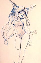 Rule 34 | 1girl, alternate costume, bare legs, barefoot, breasts, commentary request, covered navel, d-m (dii emu), eyelashes, fang, feet, greyscale, horns, ibuki suika, long hair, looking at viewer, monochrome, one-piece swimsuit, oni horns, open mouth, sketch, swimsuit, toes, touhou, traditional media, very long hair, walking
