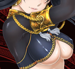 Rule 34 | 1girl, antaria, armband, arms up, black hair, breasts, close-up, collar, earrings, covered erect nipples, head out of frame, jewelry, large breasts, lips, long hair, original, parted lips, solo, underboob