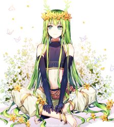 Rule 34 | 1other, bare shoulders, barefoot, black gloves, bug, butterfly, closed mouth, collar, ede, elbow gloves, enkidu (fate), fate/grand order, fate (series), flower, gloves, green eyes, green hair, hair between eyes, hair flower, hair ornament, highres, insect, jewelry, long hair, looking to the side, navel, other focus, pants, plant, simple background, sitting, sleeveless, smile, solo, stomach, very long hair, white background, white butterfly, white flower, white pants, yellow flower