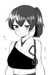 Rule 34 | 10s, 1girl, blush, fidgeting, greyscale, japanese clothes, kaga (kancolle), kantai collection, midorikawa you, monochrome, muneate, personification, short hair, side ponytail, solo