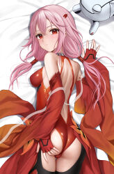 1girl absurdres ass back back_cutout black_thighhighs blush breasts clothing_cutout dakimakura_(medium) fingerless_gloves fyu-neru gloves guilty_crown hair_between_eyes hand_on_own_ass highres keine09 leotard long_hair looking_at_viewer looking_back median_furrow pink_eyes pink_hair red_gloves red_leotard solo thighhighs thighs twintails yuzuriha_inori