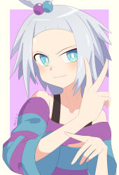 Rule 34 | 1girl, aqua eyes, bare shoulders, blush, border, bright pupils, closed mouth, collarbone, commentary request, creatures (company), freckles, game freak, grey hair, hair bobbles, hair ornament, highres, kulfae (solfa0419), nintendo, off-shoulder shirt, off shoulder, pokemon, pokemon bw2, purple background, roxie (pokemon), shirt, smile, solo, striped clothes, striped shirt, topknot, upper body, v, white border, white pupils
