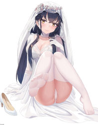 Rule 34 | 1girl, absurdres, arm support, azuma (azur lane), azuma (lily-white longing) (azur lane), azur lane, black hair, blush, bow, breasts, bridal veil, brown hair, cleavage, closed mouth, collarbone, commentary request, dress, feet, flower, foot focus, foreshortening, full body, gloves, hair between eyes, hair bow, hand on own chest, head wreath, high heels, highres, large breasts, legs, long hair, long sleeves, looking at viewer, luoloo, no shoes, panties, shoes, unworn shoes, signature, simple background, sitting, smile, soles, solo, thighhighs, toes, underwear, veil, very long hair, wedding dress, white background, white bow, white dress, white flower, white footwear, white gloves, white panties, white thighhighs