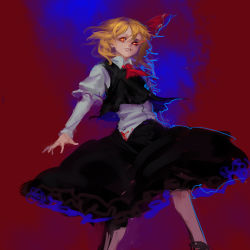 Rule 34 | 1girl, ascot, black skirt, black vest, blonde hair, collared shirt, glowing, glowing eye, grin, hair ornament, inishie kumo, legs apart, long sleeves, looking at viewer, one-hour drawing challenge, red ascot, red background, red eyes, rumia, shirt, skirt, smile, solo, standing, touhou, vest, white shirt, wing collar