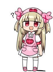 Rule 34 | &gt; &lt;, 1girl, :d, ?, apron, armband, blunt bangs, blush, brown hair, chibi, collared shirt, commentary request, dress shirt, fang, full body, hair ornament, hat, kanikama, long hair, natori sana, nose blush, nurse cap, open mouth, pink apron, pink footwear, pink hat, pleated skirt, puffy short sleeves, puffy sleeves, rabbit hair ornament, red eyes, sana channel, shadow, shirt, shoes, short sleeves, simple background, skirt, smile, solo, standing, thighhighs, two side up, v-shaped eyebrows, very long hair, virtual youtuber, white background, white shirt, white skirt, white thighhighs