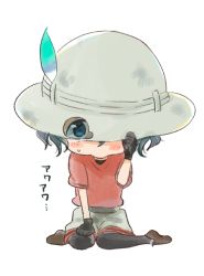 Rule 34 | 10s, 1girl, black gloves, black hair, blue eyes, blush, blush stickers, bucket hat, chibi, clenched hand, feathers, full body, gloves, hand on headwear, hat, hat feather, hiding, kaban (kemono friends), kemono friends, loafers, looking at viewer, pantyhose, red shirt, safari hat, shirt, shoes, short hair, short sleeves, shorts, shy, simple background, sitting, solo, stellaxpost, sweat, tareme, translation request, wariza, white background