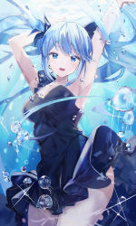 Rule 34 | 1girl, air bubble, armpits, arms up, asymmetrical clothes, bare shoulders, black dress, black ribbon, blue eyes, blue hair, breasts, bubble, cleavage, commentary request, contrapposto, cowboy shot, dedeko, dress, hair ribbon, hatsune miku, highres, jellyfish, long hair, looking at viewer, medium breasts, ribbon, shinkai shoujo (vocaloid), sidelocks, single strap, sleeveless, sleeveless dress, solo, sunlight, swept bangs, thighs, twintails, underwater, very long hair, vocaloid