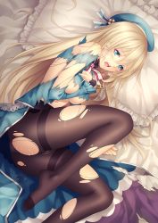 Rule 34 | 10s, 1girl, aqua eyes, atago (kancolle), bed, black pantyhose, blonde hair, blush, cum, cum on body, cum on lower body, feet, hat, kantai collection, long hair, long legs, looking at viewer, lying, on side, open mouth, panties, panties under pantyhose, pantyhose, pillow, solo, tears, thighband pantyhose, tidsean, torn clothes, torn pantyhose, underwear, uniform